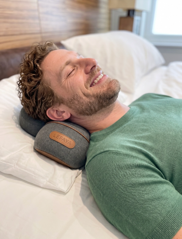 Markus Krämer allongé sur le coussin de massage cervical