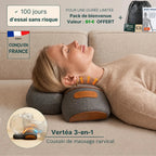 Femme allongée sur le coussin de massage cervical Vertéa 3-en-1 de SEREVA, avec le pack de bienvenue offert