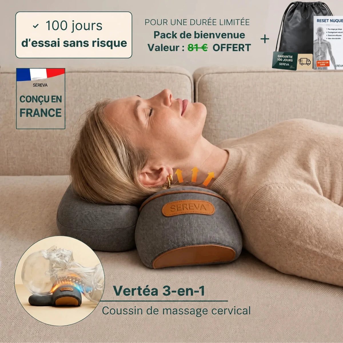 Femme allongée sur le coussin de massage cervical Vertéa 3-en-1 de SEREVA, avec le pack de bienvenue offert