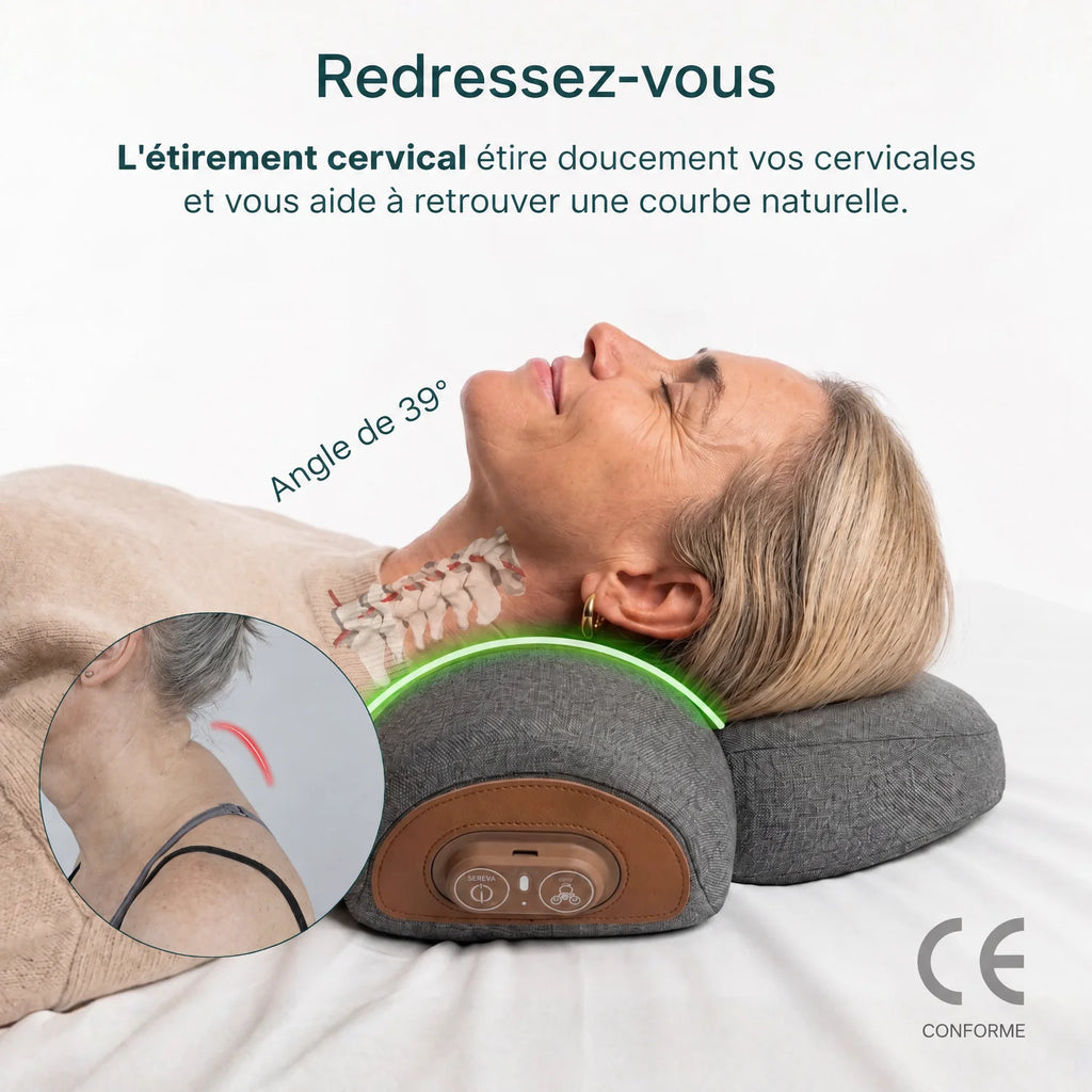 Étirement cervical à 39° du coussin Vertéa pour retrouver une courbe naturelle de la nuque