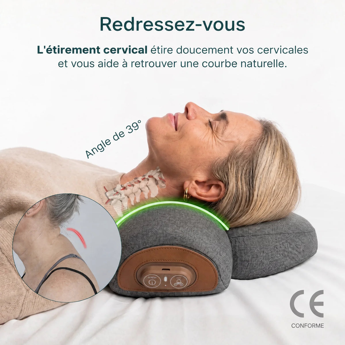 Étirement cervical à 39° du coussin Vertéa pour retrouver une courbe naturelle de la nuque