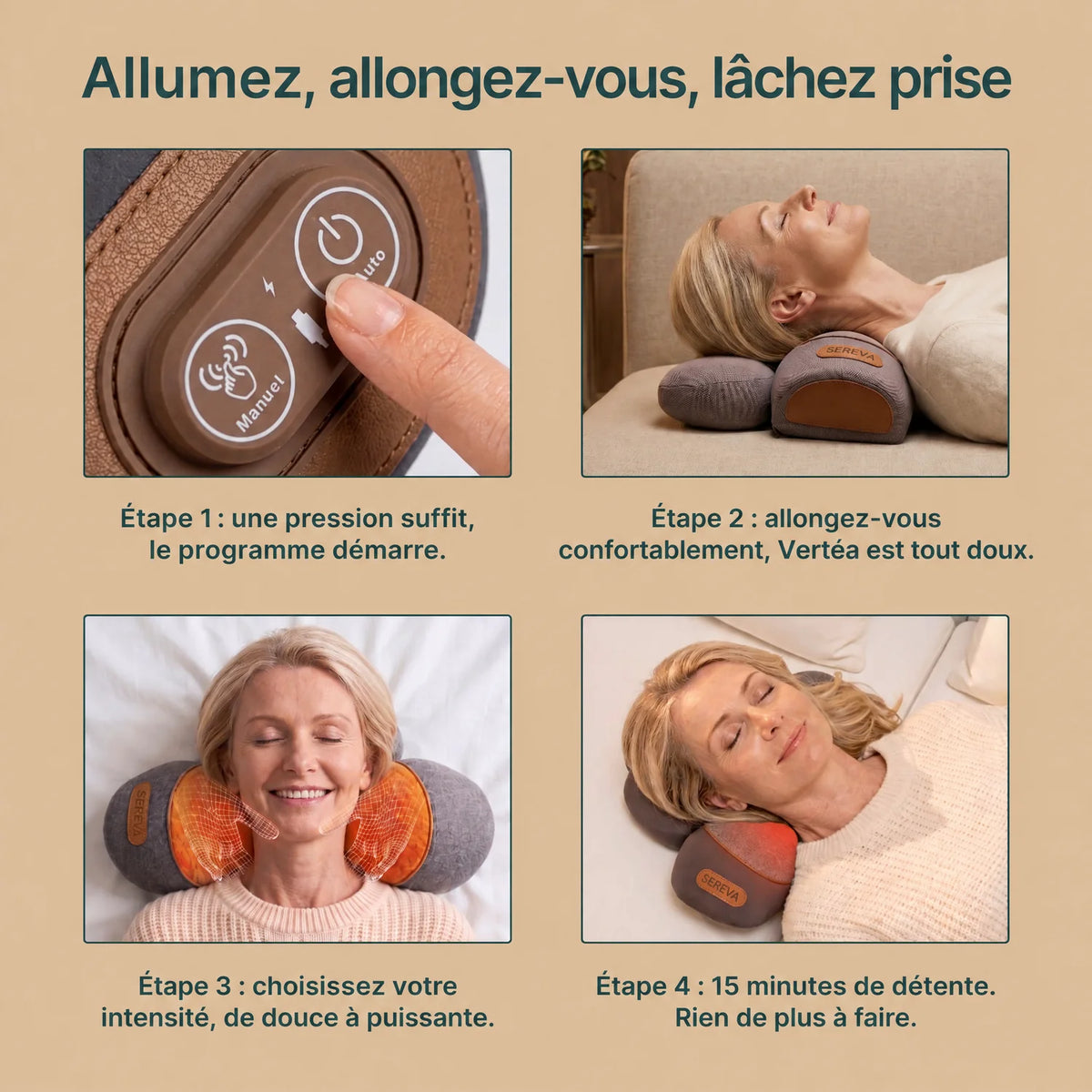 Utilisation du coussin Vertéa étape par étape : allumez, allongez-vous, lâchez prise
