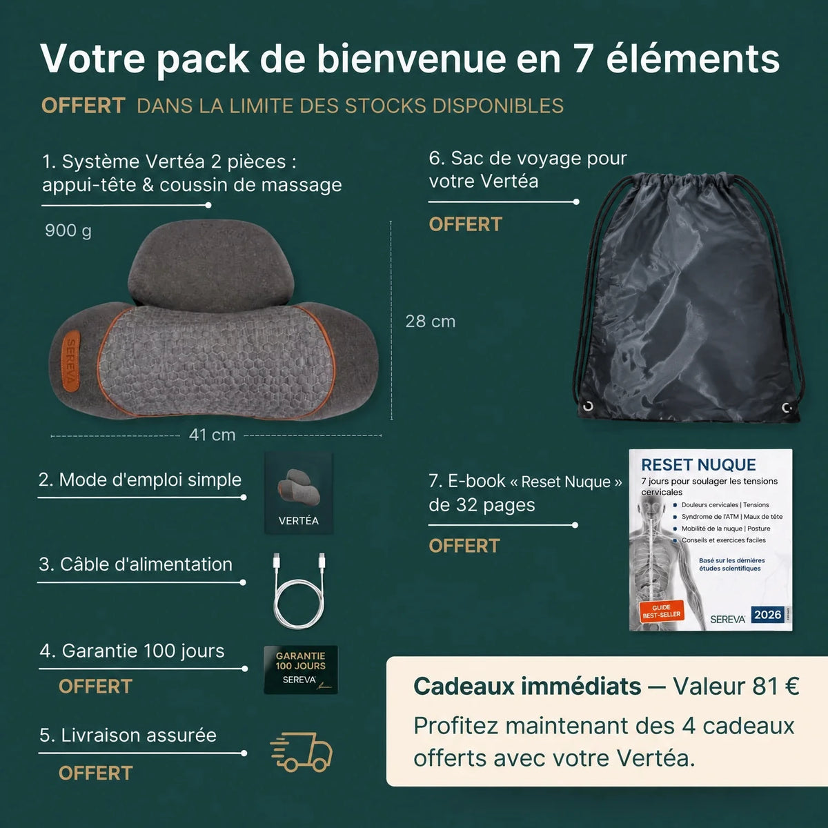 Contenu du pack de bienvenue Vertéa en 7 éléments : coussin, mode d'emploi, câble, garantie, livraison, sac et e-book