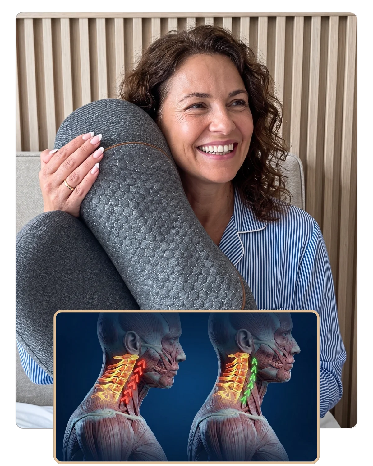 Femme souriante serrant le coussin Vertéa, avec un schéma de la posture cervicale