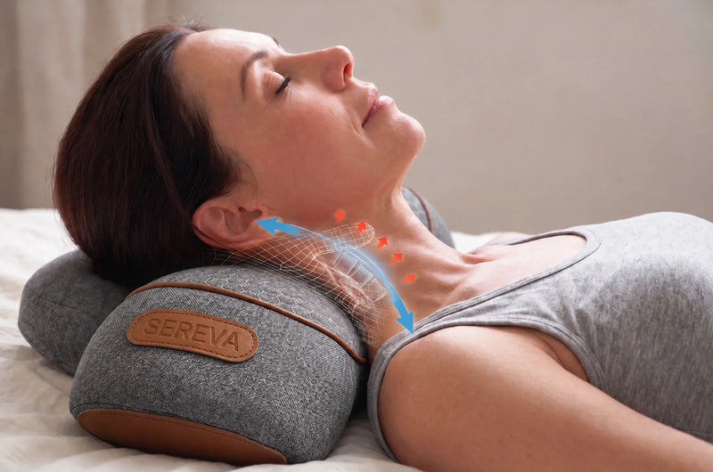 Femme allongée sur le coussin Vertéa, la nuque soutenue