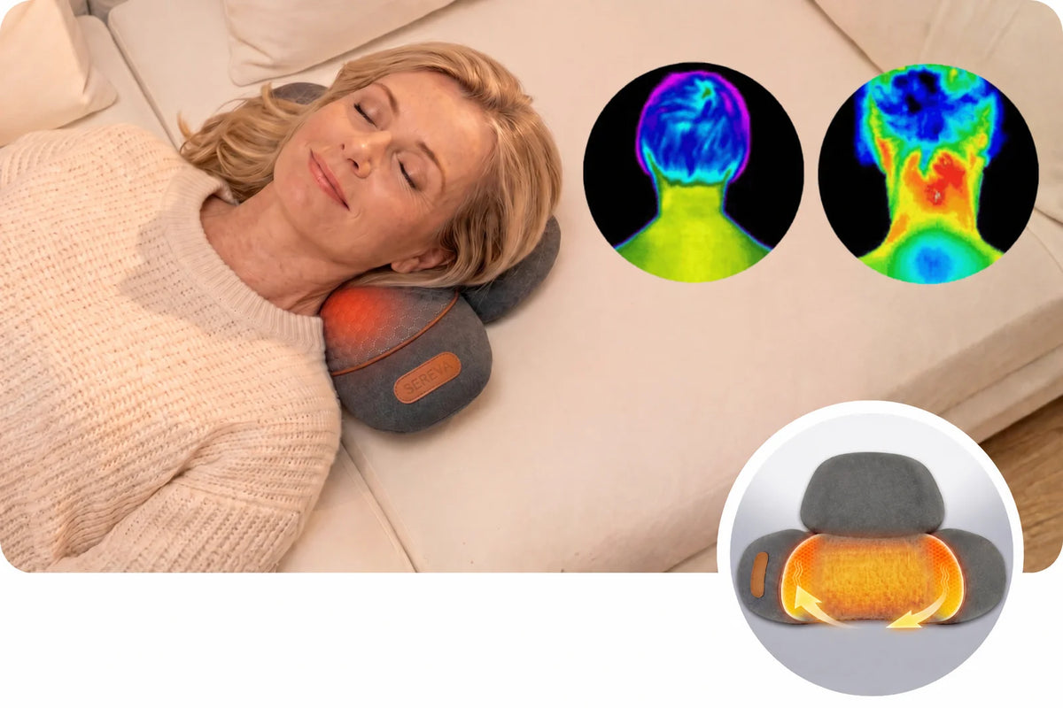 Chaleur profonde du coussin Vertéa sur la nuque, vue en imagerie thermique