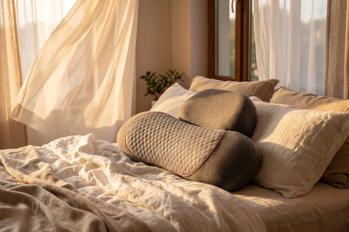 Coussin de massage cervical Vertéa posé sur un lit baigné de lumière