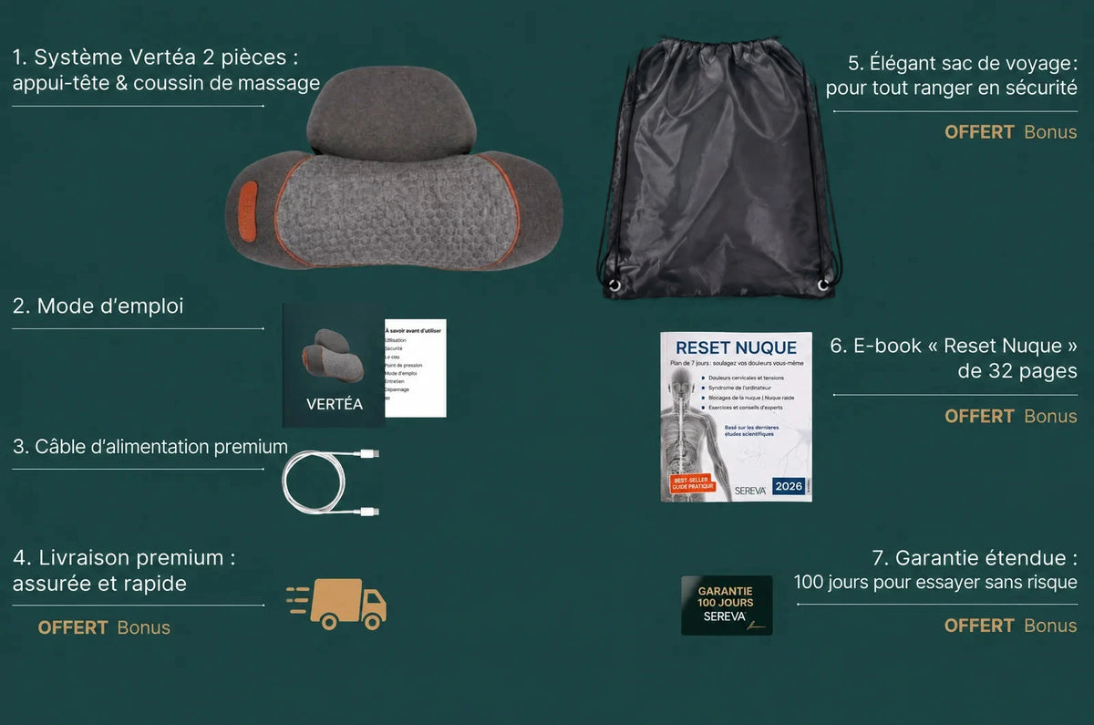Contenu du pack Vertéa : coussin 2 pièces, mode d'emploi, câble, livraison, sac de voyage, e-book et garantie
